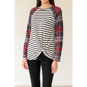 Maurices Striped Plaid Raglan Top Button Detail Twist Front Size M